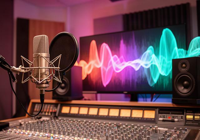 Geluidsstudio in Alkmaar met mengtafel, microfoon en kleurrijke audiogolven op een scherm