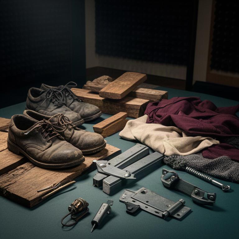 Foley-rekwisieten zoals schoenen, hout en metalen voorwerpen in een geluidsstudio
