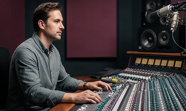 Audio engineer achter een mengtafel voor zakelijke merkcommunicatie