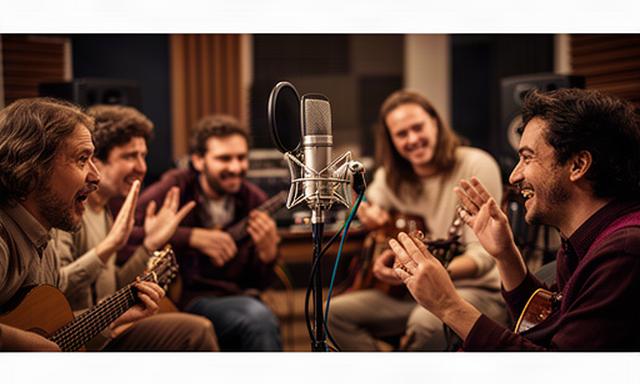 Muzikanten rond een studiomicrofoon in een warme opnameruimte