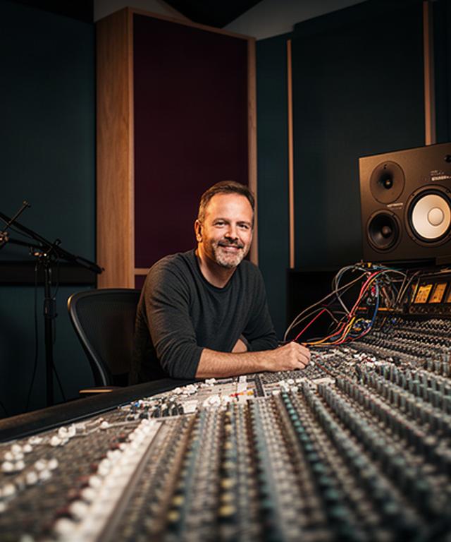 Audio engineer aan een analoge mengtafel in de akoestisch behandelde studio