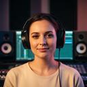 Jasemin Claire in een post-productiestudio met koptelefoon